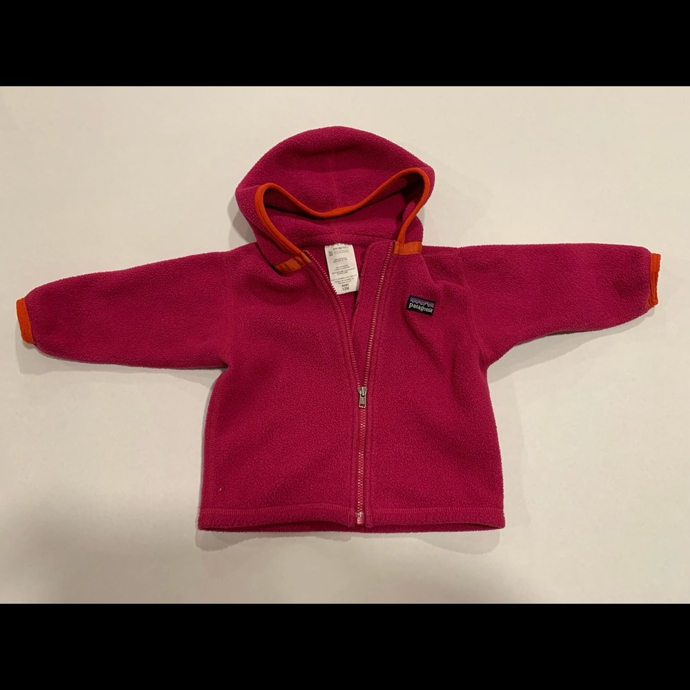 Patagonia jacket, 12 months, pink with orange trim. Excellent condition.